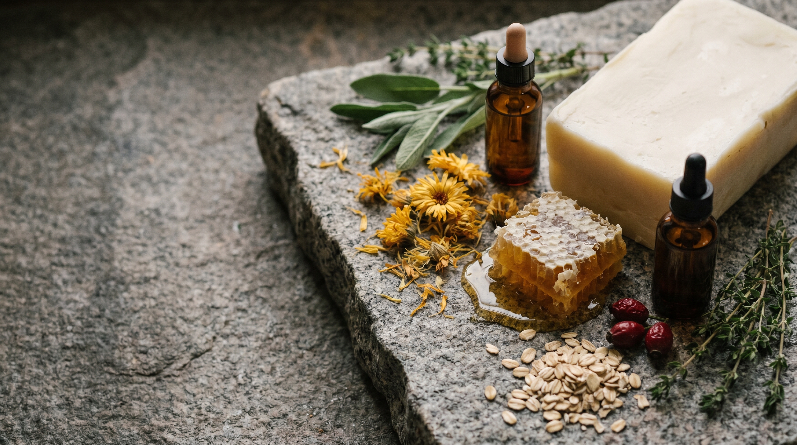 Grass-fed tallow, honeycomb, calendula, oats, rosehips, and botanical oils on granite in Northern Ontario