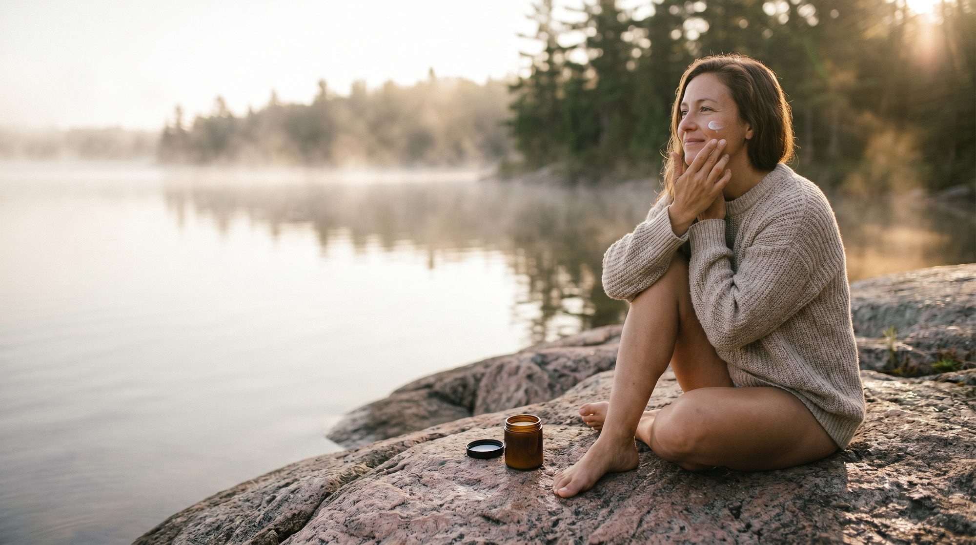 A woman applying North Channel tallow crème on granite by a misty Northern Ontario lake at golden hour