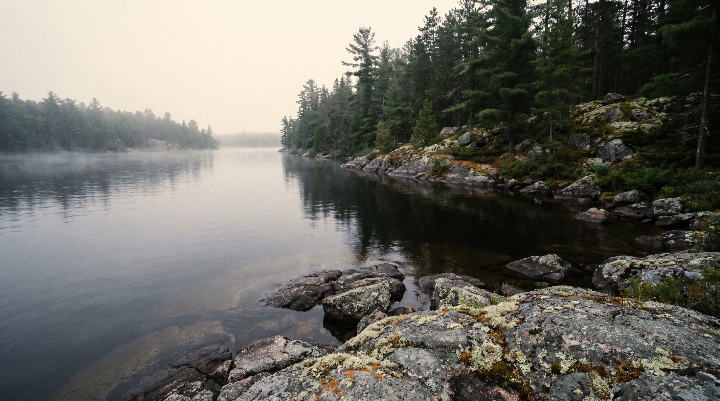 Misty granite shoreline along the North Channel in Northern Ontario