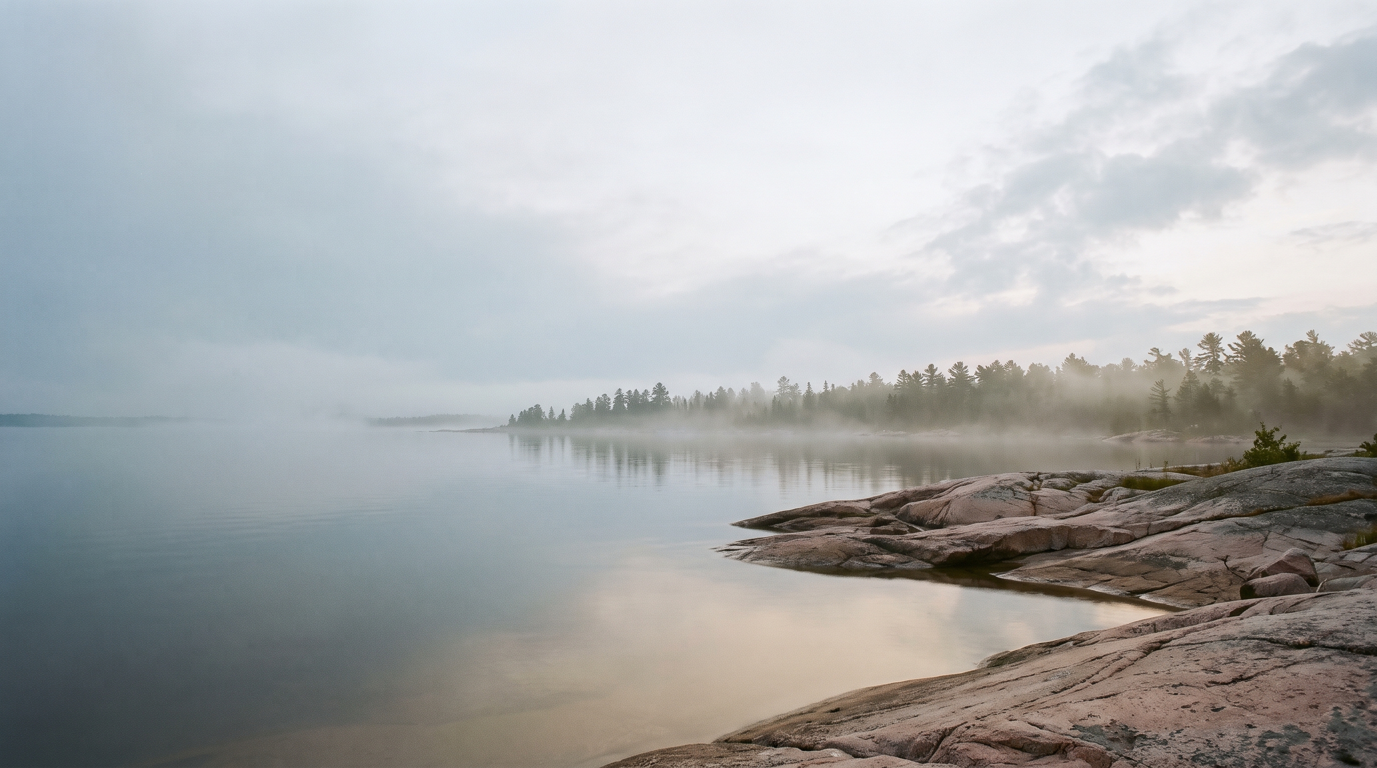 Misted granite shoreline and pines on still water in Northern Ontario